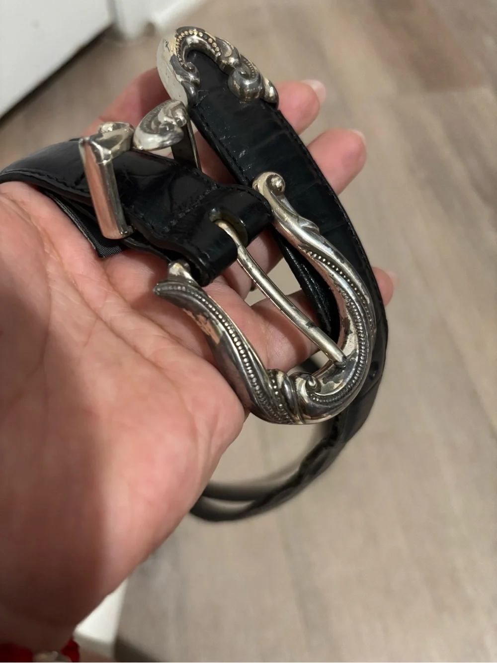 Brighton Black Leather Belt with Silver Logo Detail